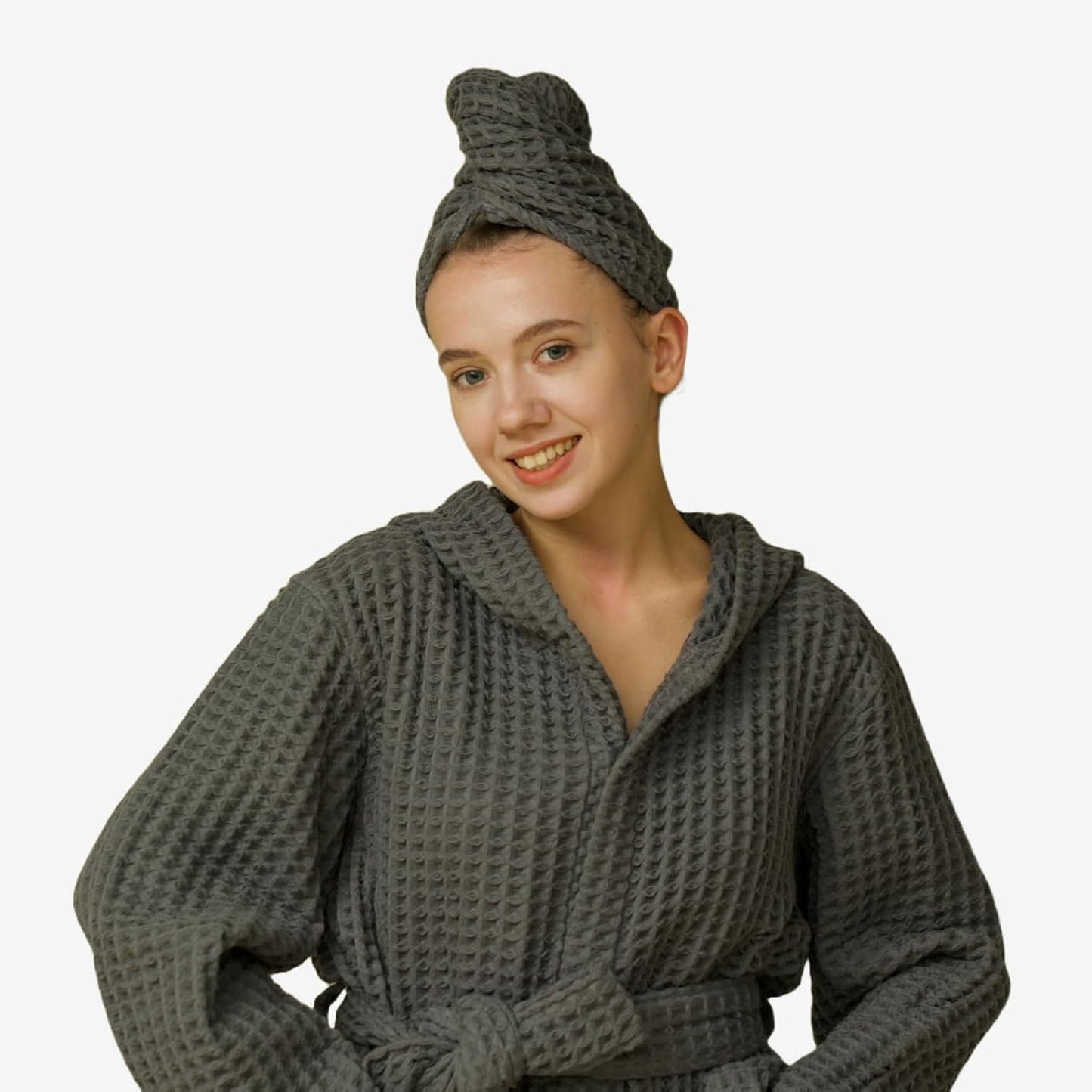 Hair Towel | 100% Cotton Silk Hair-Drying Waffle Wrap Turban for Women, Ultra-Absorbent, Anti Frizz, Hair Damage Protection for Straight and Curly Hair (Smoke Grey, 1 Pack)