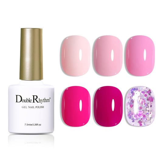 Double Rhythm Gel Polish Set of 6 Colors Baby Light Pastel Milky Gel Polish Starter Kit Art DIY Salon Home (Neon Bright Glitter Pink,Kit 16)