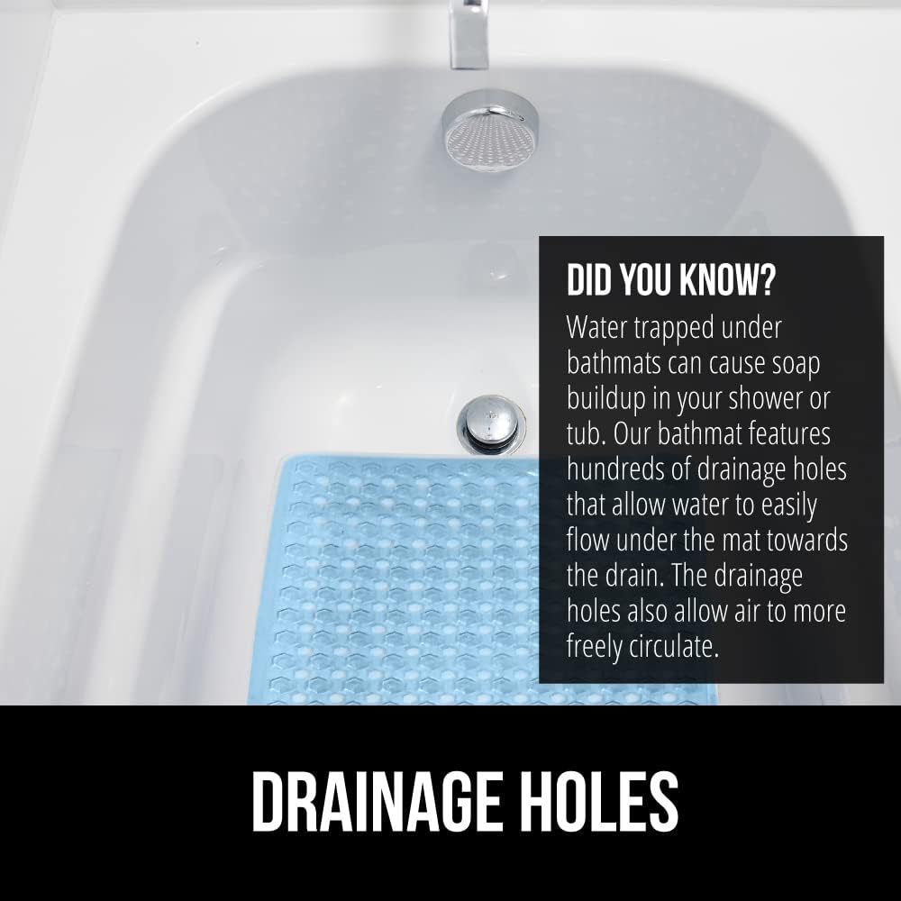 GORILLA GRIP Patented Bath Tub Shower Mat, Machine Washable Bathtub Floor Liner Mats, Suction Cups and Drain Holes to Keep Tubs Clean, Soft on Feet, Bathroom Essentials, 35x16 Inch, Clear Blue