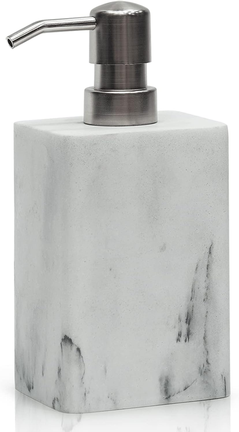 15Oz Marble Style Resin Soap Dispenser,Suanti Hand Soap Dispenser for Bathroom and Kitchen Sink,Decorative White Soap Dispenser Bottle with Easy-Press Pump for Liquid Dish Soap,Lotion-Refillable