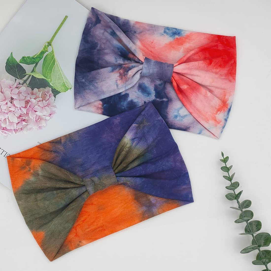 Wide Boho Headbands for Women Fashion Knotted Headband Yoga Workout Hair Accessories African Head Wrap Orange Tie Dye 4 Pack