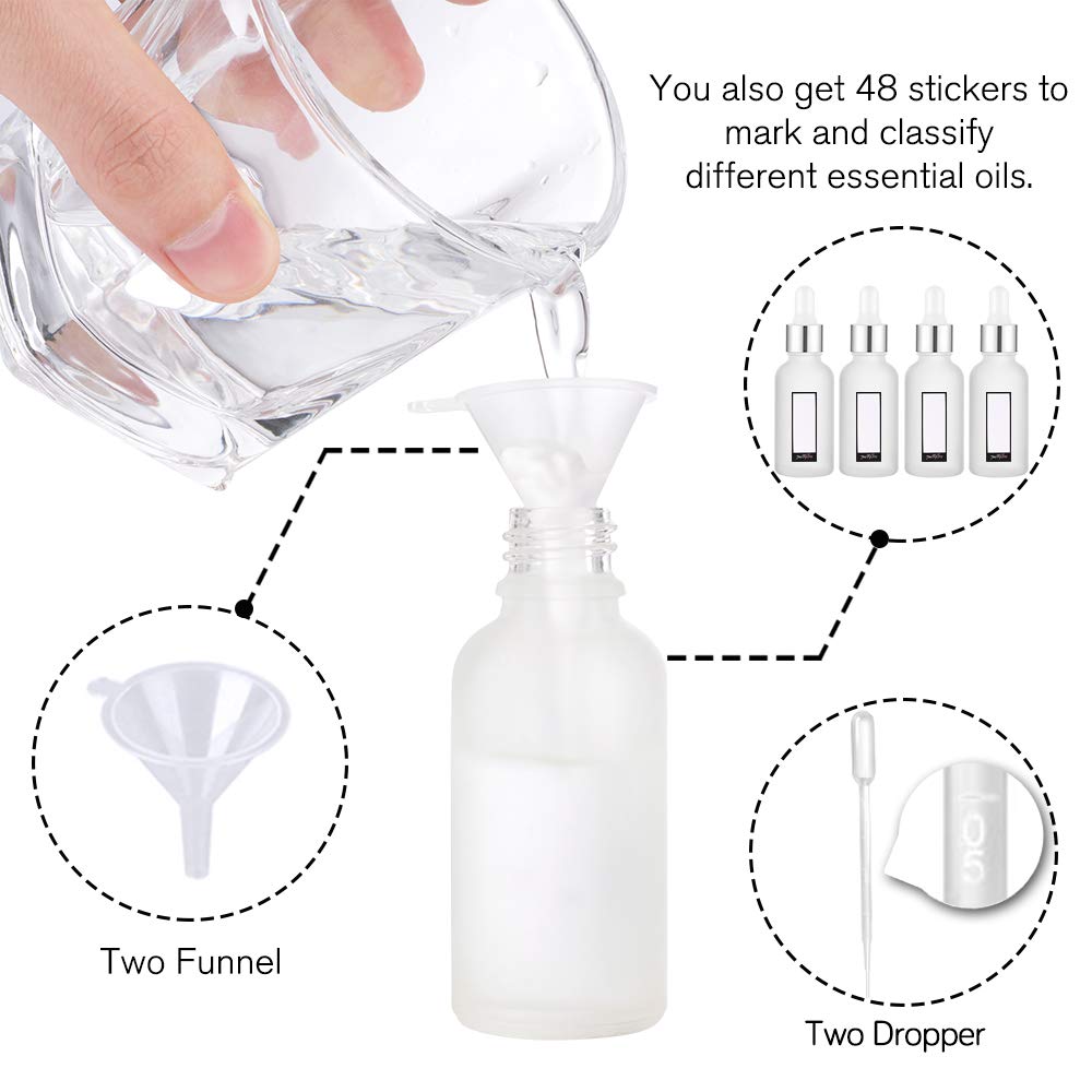 PrettyCare Glass Eye Dropper Bottles 24 Pack, 1oz (30ml) Frosted Empty Thick Bottles Bulk with Leakproof Silver Caps - With Labels & Funnels for Storage, Travel, Essential Oils, Cuticle, Tinctures