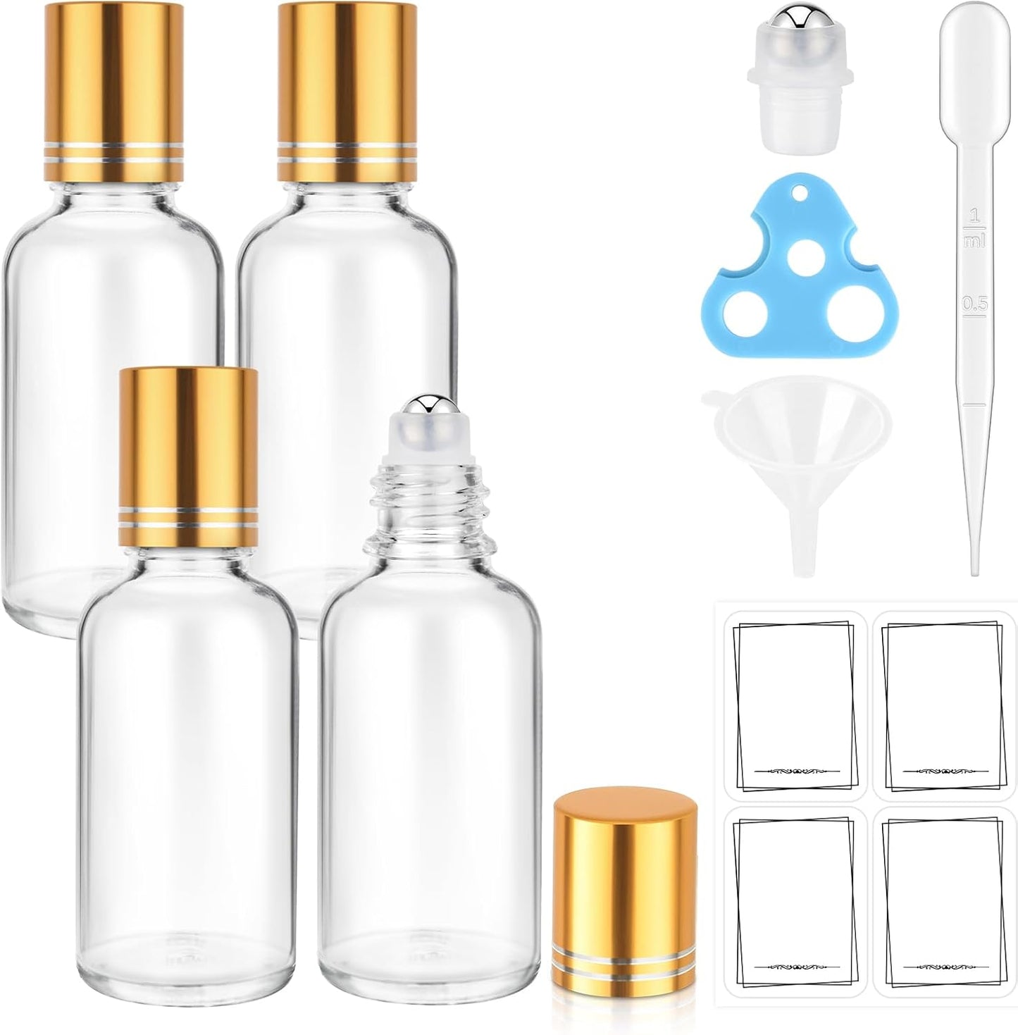 30ml Glass Roller Bottles 4-Pack, Refillable Roll-On Bottles for Essential Oils, Perfume, and DIY Blends with Stainless Steel Rollers-Clear, Gold Cap