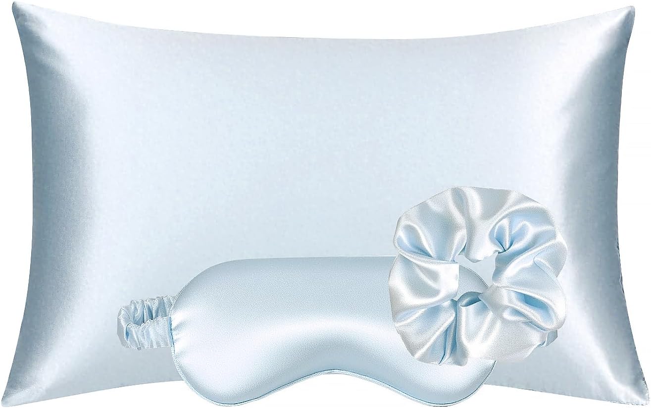 Vegan Silk Sleep Set, Vegan Silk Pillowcase with Large Scrunchie and Eye Mask for Hair and Skin, Self Care Essential Satin Night Routine Kit (Light Blue Color)