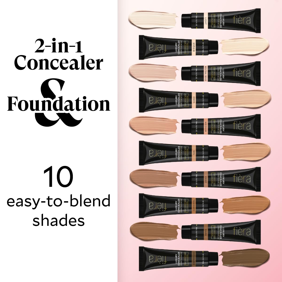 Fièra Luxury Concealer & Foundation with Anti-Aging Ingredients - Full Coverage for Dark Circles, Wrinkles, Fine Lines, and Spots, All-Day Wear For Mature Skin - Tan, 0.5 FL. OZ. / 15 ML