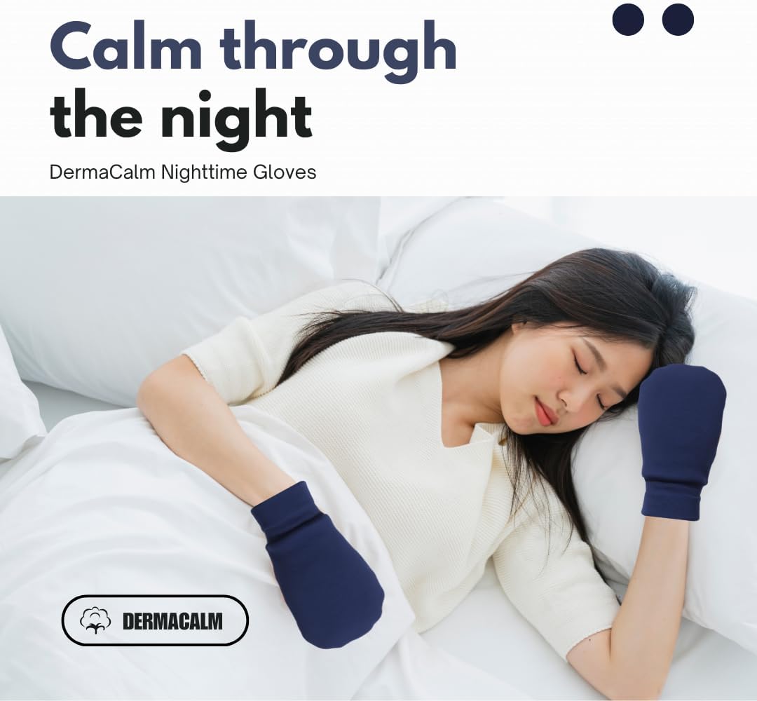 Organic Cotton Eczema Gloves/Mittens for Adults – Anti-Scratch Nighttime Sleeping Gloves with Secure Adjustable Strap – Reusable & Washable – Navy, 1 Pair (S/M/L) (Medium)