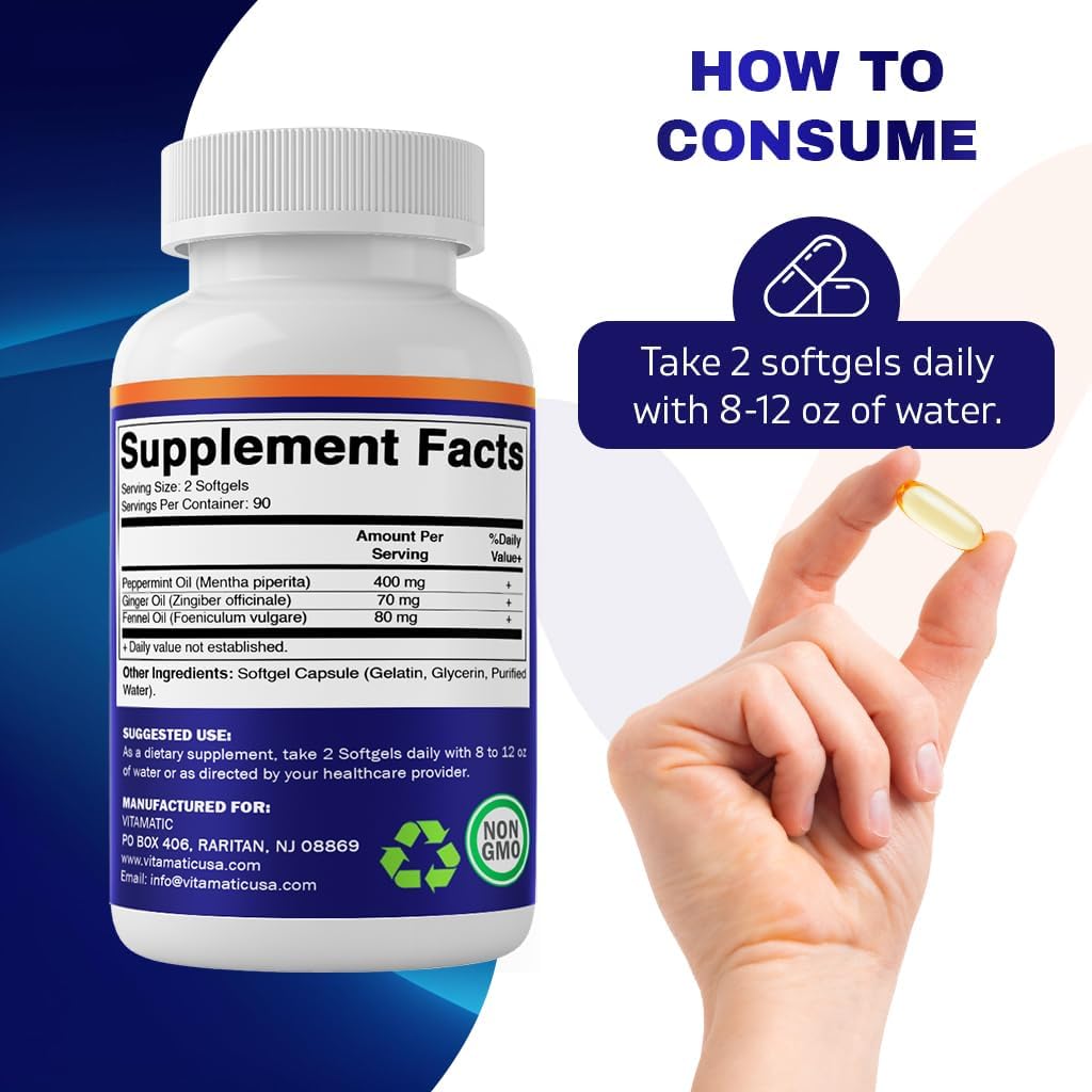 Vitamatic Peppermint Oil Gel with Ginger & Fennel Oils, 550mg per Serving, 180 Softgels