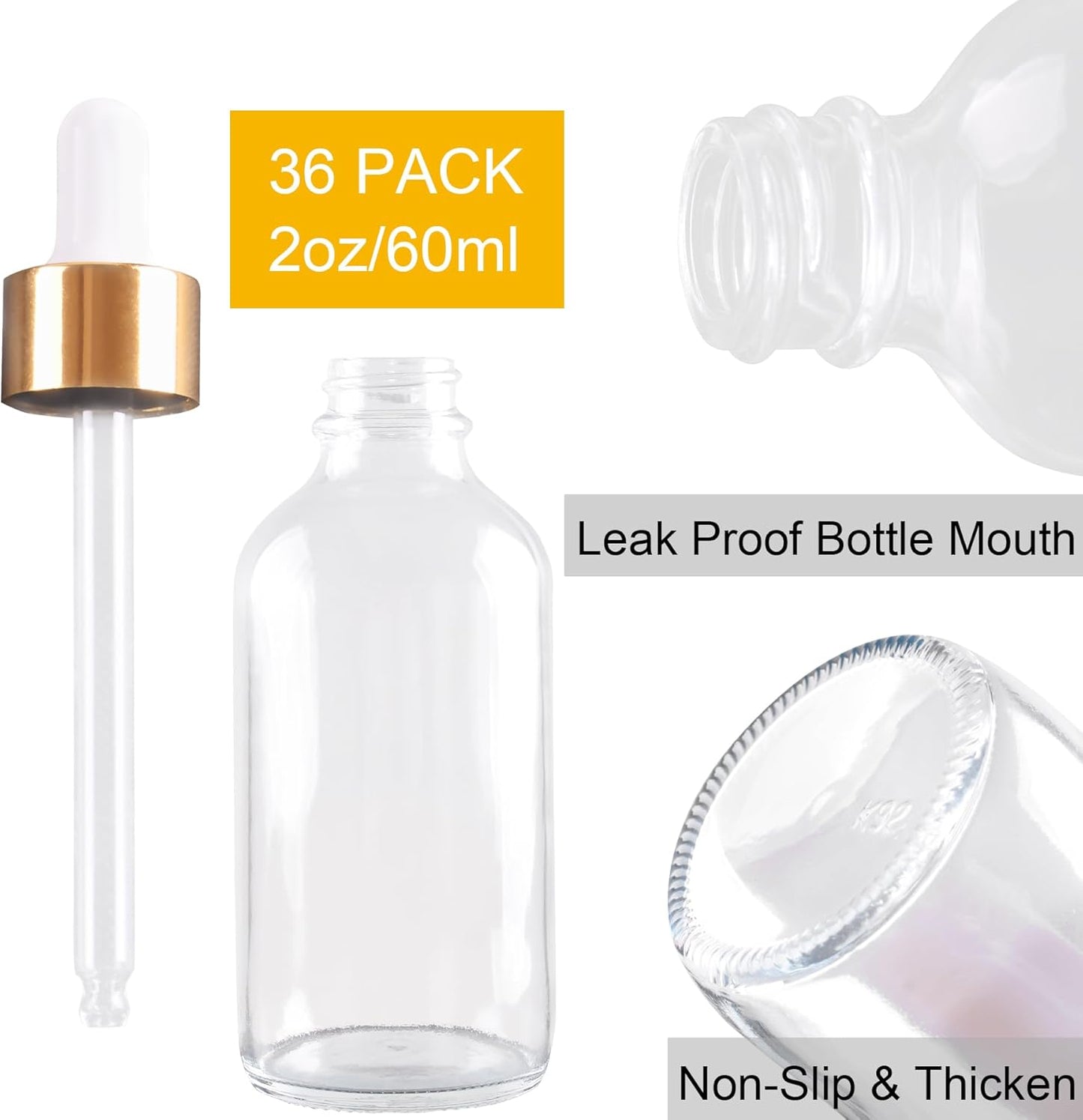 36 Pack 2oz Clear Glass Dropper Bottles, Glass Eye Dropper Bottles for Essential Oils, Perfumes, Laboratory Use (Gold, 2oz-36Pack)