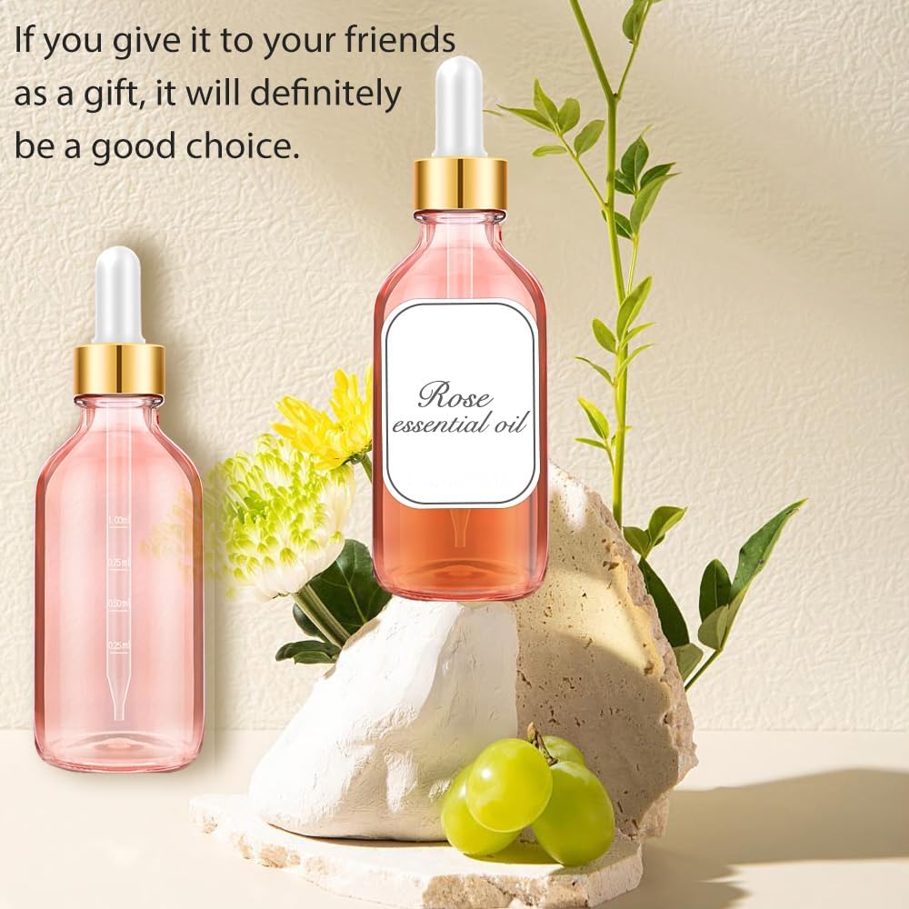 Bumobum Glass Bottle with Dropper, 4 oz Pink Tincture Bottle for Essential Oils with Labels and Funnels, 2 Pack Eye Dropper Bottles with Golden Top (Unbreakable Plastic Eye Dropper with Measurements)