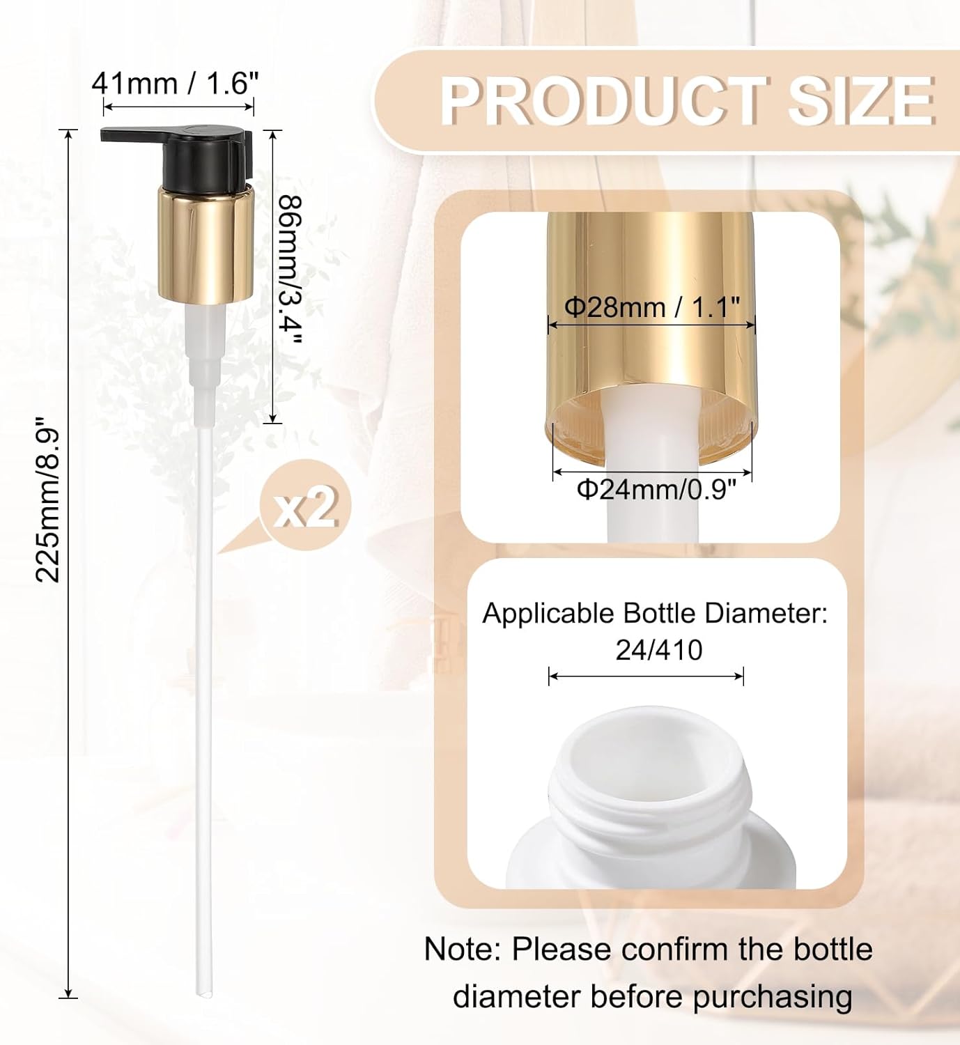 uxcell 2 Pcs Soap Dispenser Pump Heads, Hand Soap Dispensers Top Pumps Replacement Clip-on Pumphead for Standard 24/410 Neck Size Bathroom Lotion Shampoo Bottle, Gold Black