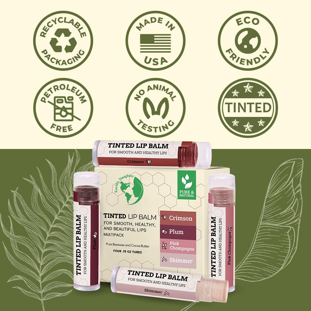 Earth's Daughter Tinted Lip Balm 4 Pack of Assorted Colors - Beeswax, Coconut Oil, Cocoa Butter, Vitamin E - Moisturize and Beautify - Paraben Free