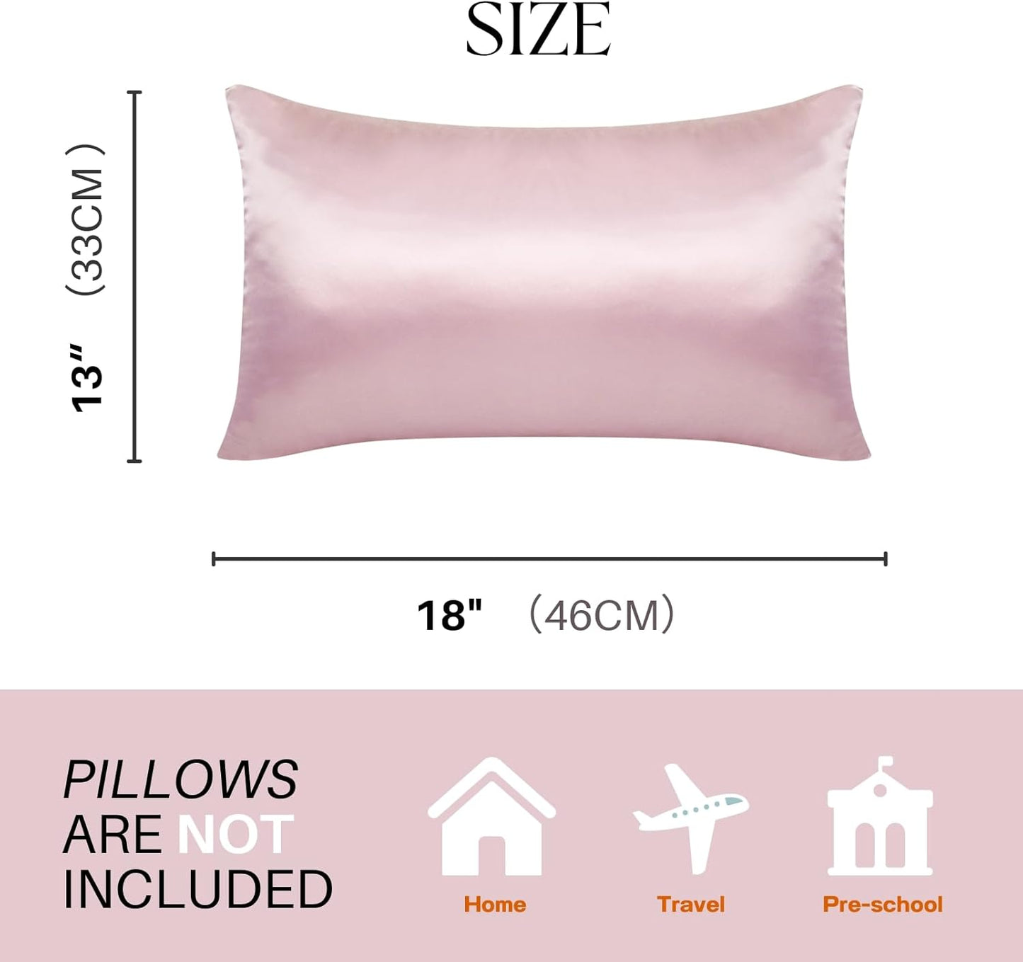 Silky Satin Toddler Pillowcases Set of 2, Super Soft Travel Pillow Covers, Small Kids Pillow Cases with Envelope Closure, 13"x 18", Pink