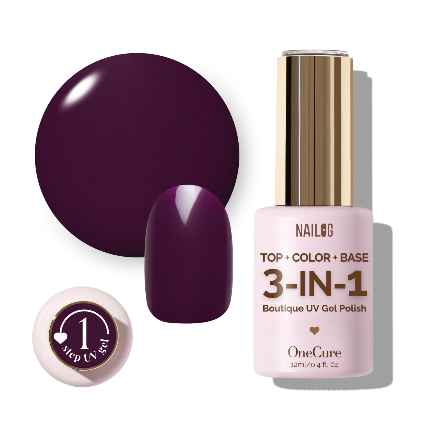 NAILOG One Step Gel Nail Polish 12ml Top Coat Color Gel Base 3-In-1 Formula Soak Off UV Gel Polish for Home DIY & Gifting | Raisin Purple