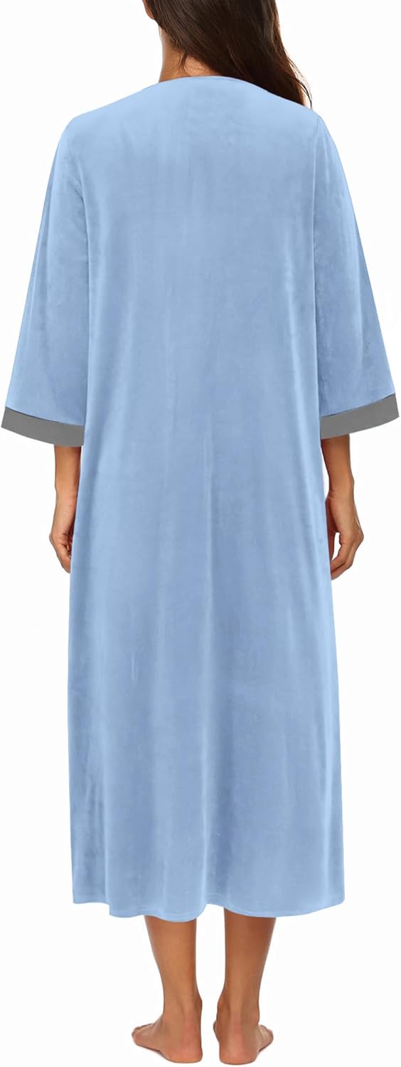 Ekouaer Women Zipper Robe 3/4 Sleeves Loungewear Dress Full Length Sleepwear Pockets Housecoat Nightgown Long Bathrobe