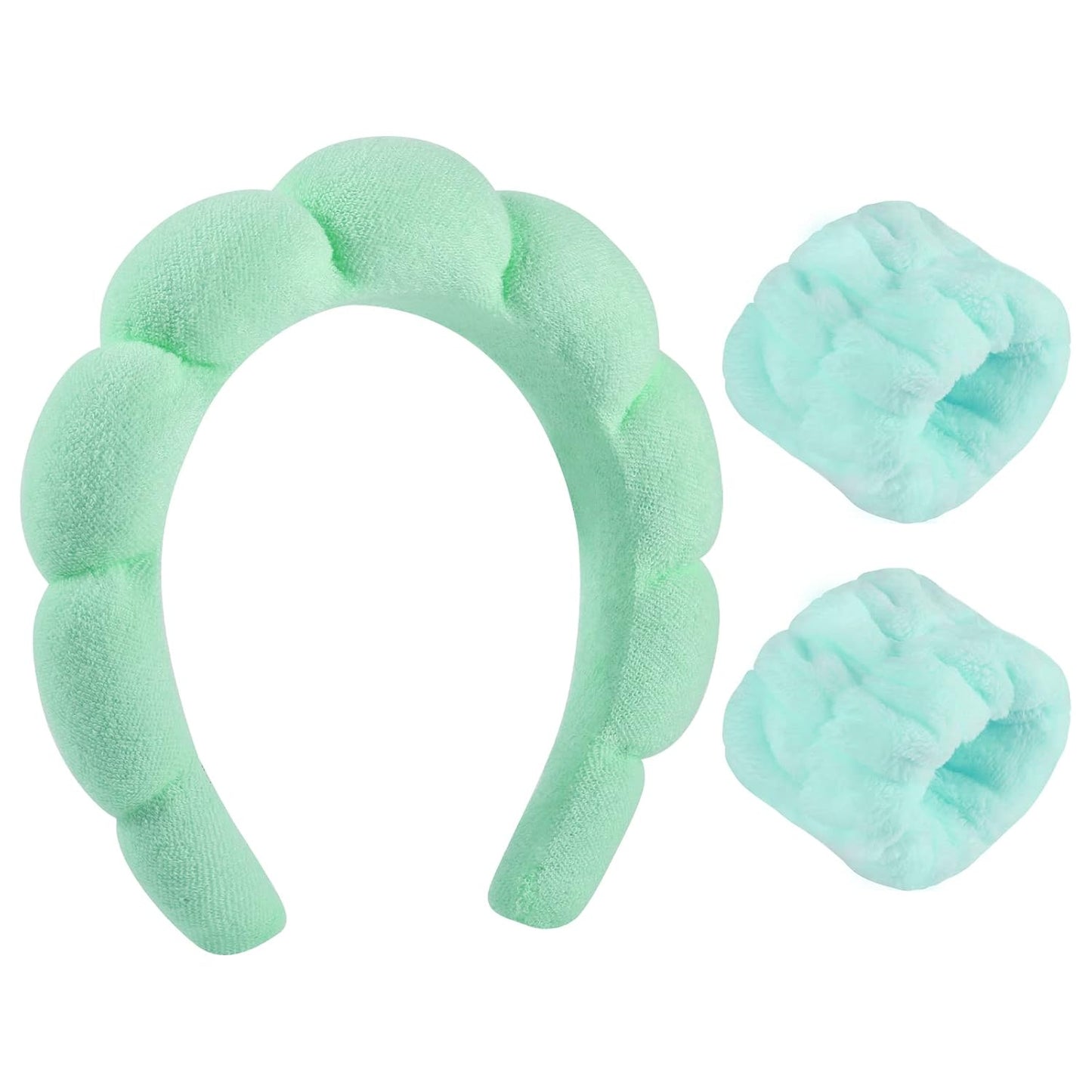 WSICSE Sponge Spa Headband for Women, Green Makeup Headband and Wrist Washband Set for Face Washing, Skincare, Shower, Makeup Removal