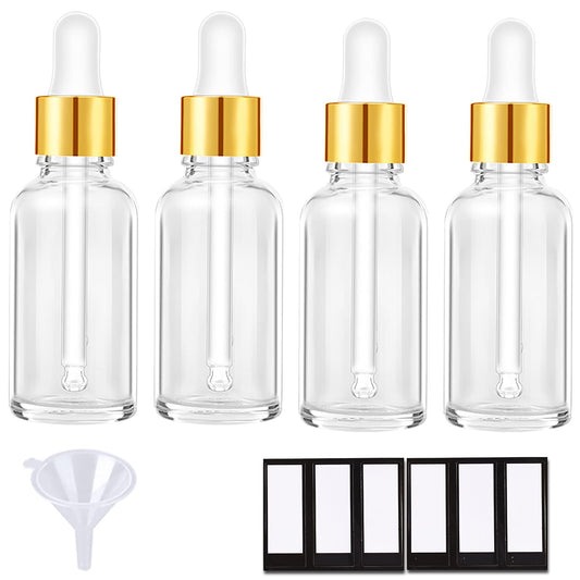 PrettyCare 4 Pack 1oz Dropper Bottles for Essential Oils, 30 ml Clear Glass Essential Oils Bottles with Labels, Funnels- Empty Leak Proof Tincture Bottles for Personal Care & Beauty