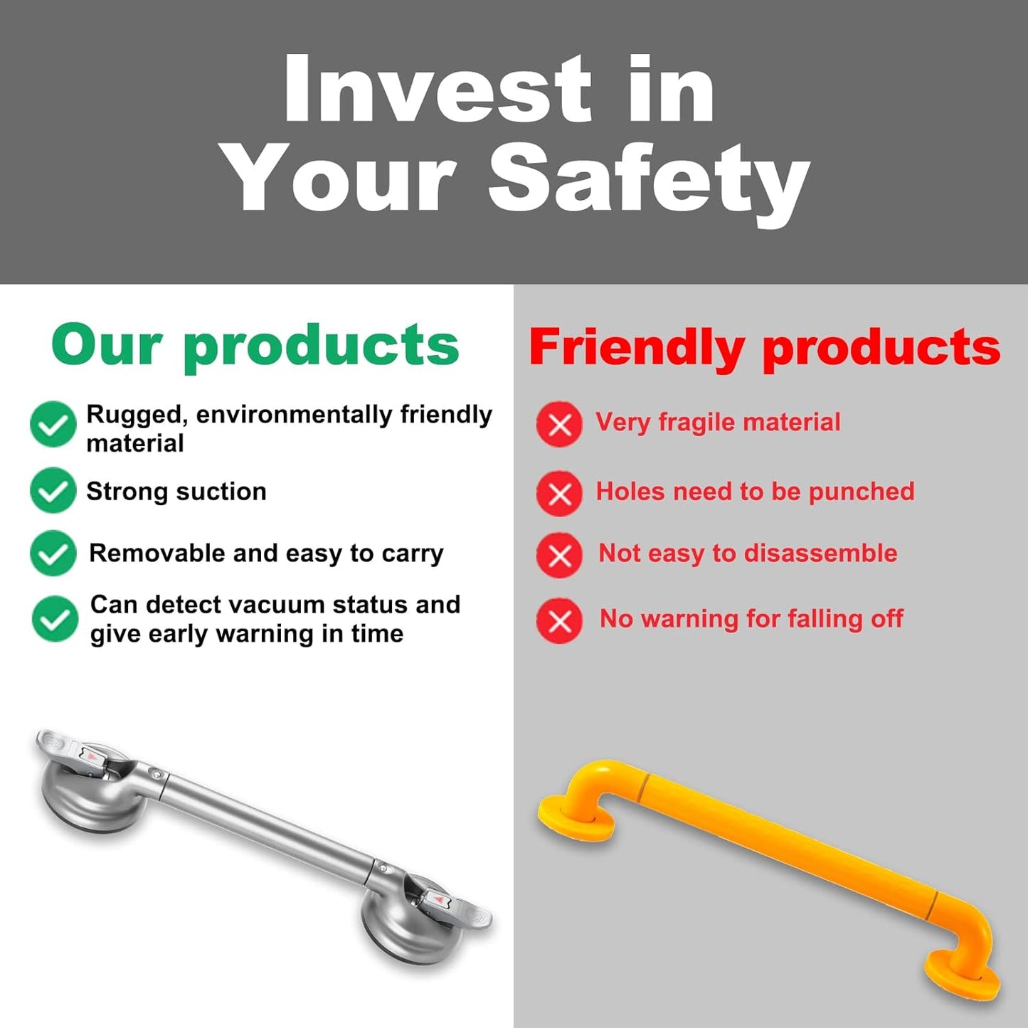 Heavy Duty Suction Shower Grab Bar - Toilet Bathroom Bathtub Safety - Shower Handles, Suction Cup Power Up to 250 LB, Perfect for Elderly Seniors(18.5 Inch, Gray Silver) ver