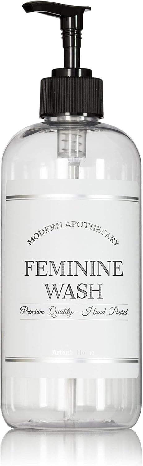Refillable Clear PET Plastic 16 oz Feminine Wash Bottle with Black Plastic Pump Dispenser - Chrome Accent Waterproof Labeled Bottle
