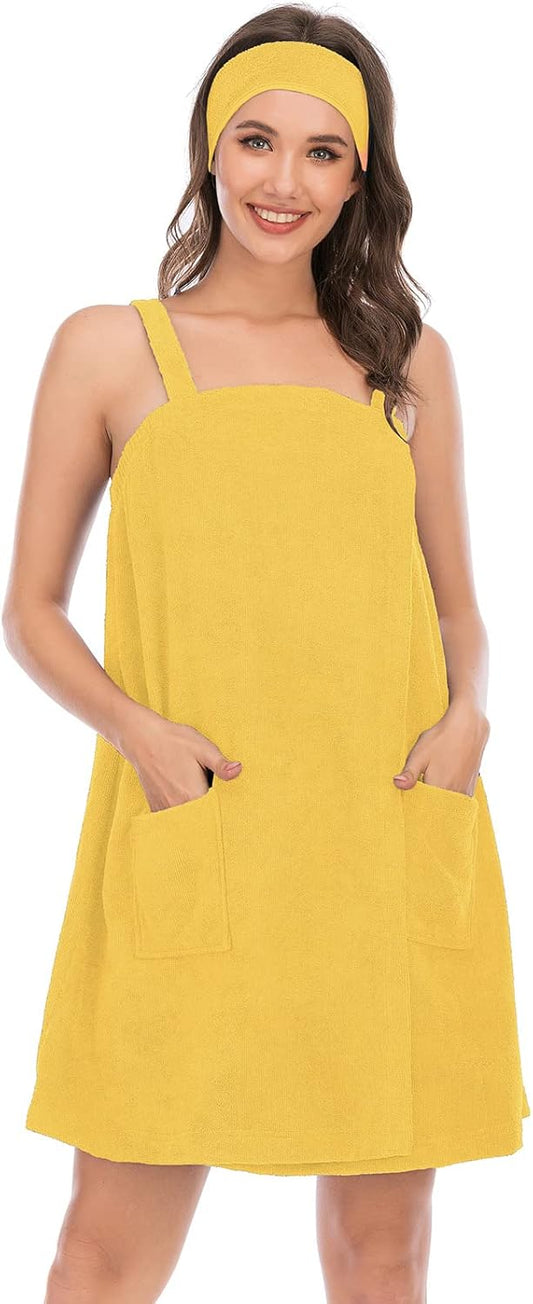 Veseacky Women Bath Wrap Towel for Womens Shower with Pocket Adjustable Spa Robe & Facial Headband