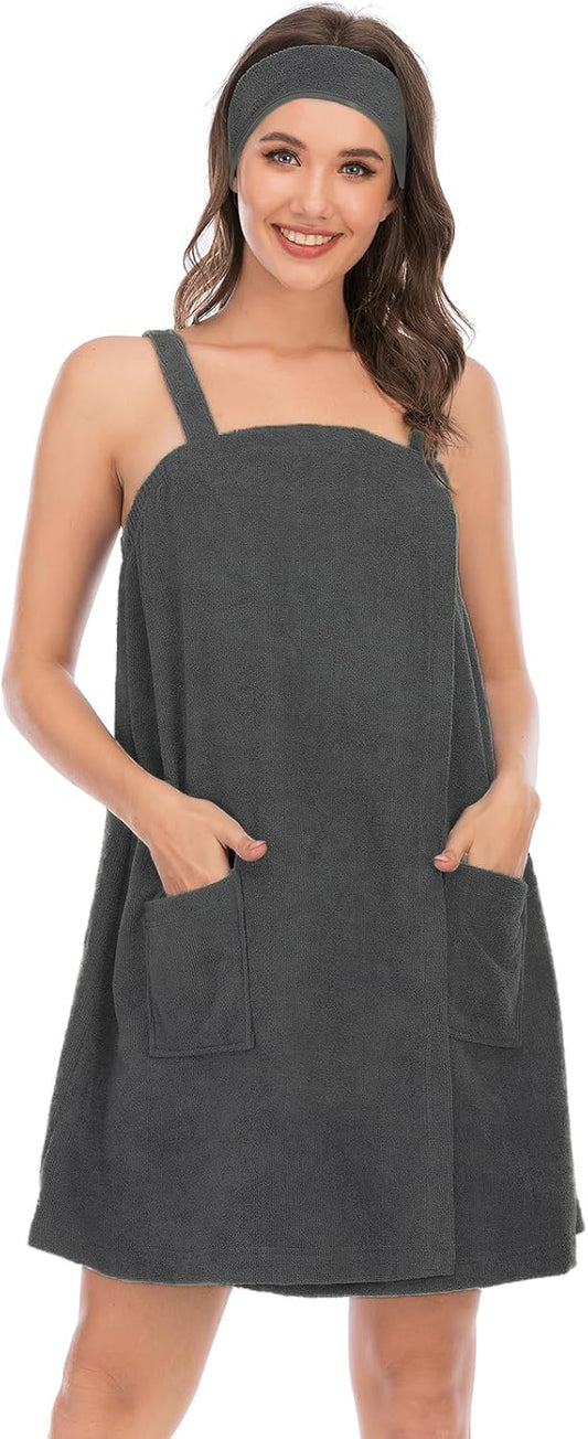 Veseacky Women Bath Wrap Towel for Womens Shower with Pocket Adjustable Spa Robe & Facial Headband