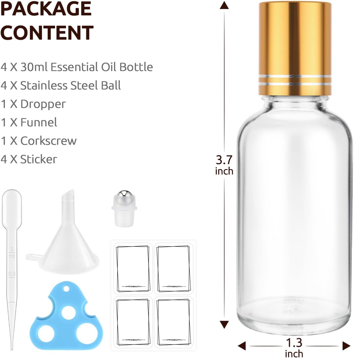 30ml Glass Roller Bottles 4-Pack, Refillable Roll-On Bottles for Essential Oils, Perfume, and DIY Blends with Stainless Steel Rollers-Clear, Gold Cap