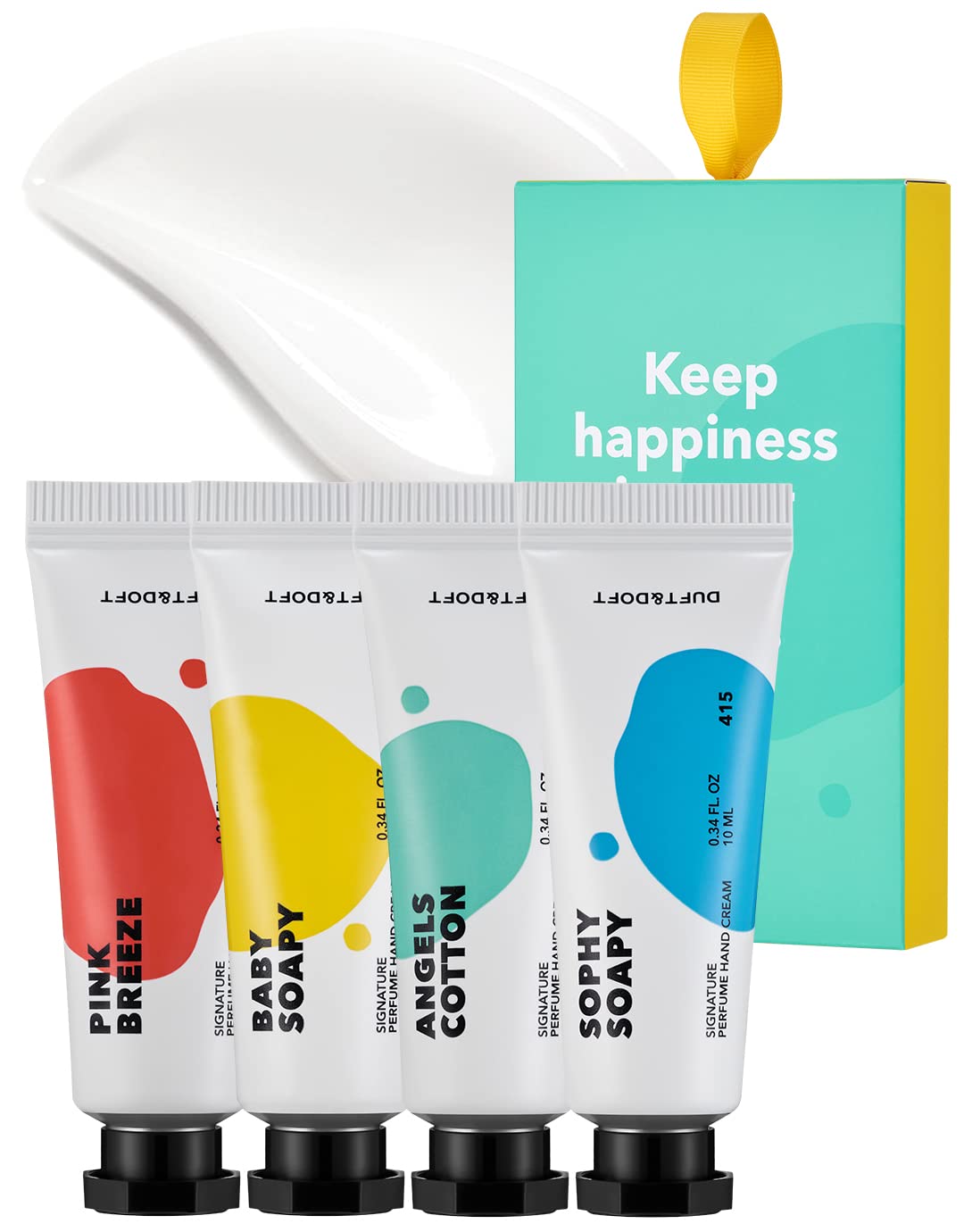 DUFT&DOFT Mini Hand Cream Gift Set - Non-Greasy With Shea Butter & Collagen - Nourishing & Hydrating Scented Cream (Pink Breeze/Sophy Soapy/Angels Cotton/Baby Soapy - Pack Of 4 (0.3 Fl Oz)