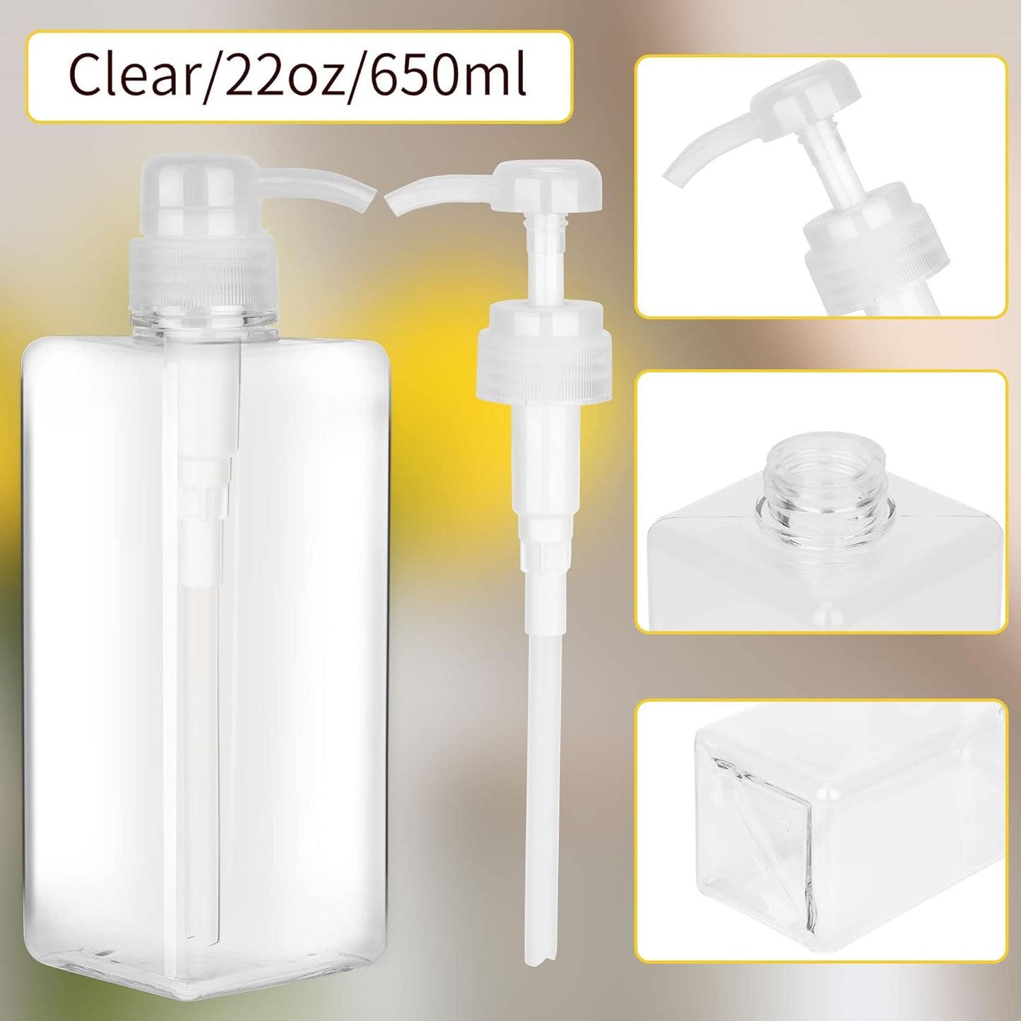 Pump Bottle Dispenser 22oz/650ml Jansburg 2Pack Refillable Square Plastic Lotion Dispenser Empty Lotion Pump Bottle for Essential Oil Lotion, Shampoo, Bathroom Travel Clear