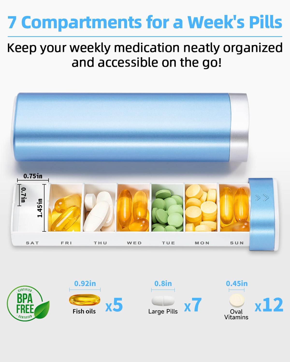 Weekly Pill Organizer 7 Day, Daily Pill Box, Travel Pill Case, Cute Pill Holder to Hold Vitamins, Medicines, Supplements, Pills Organizer (Blue)