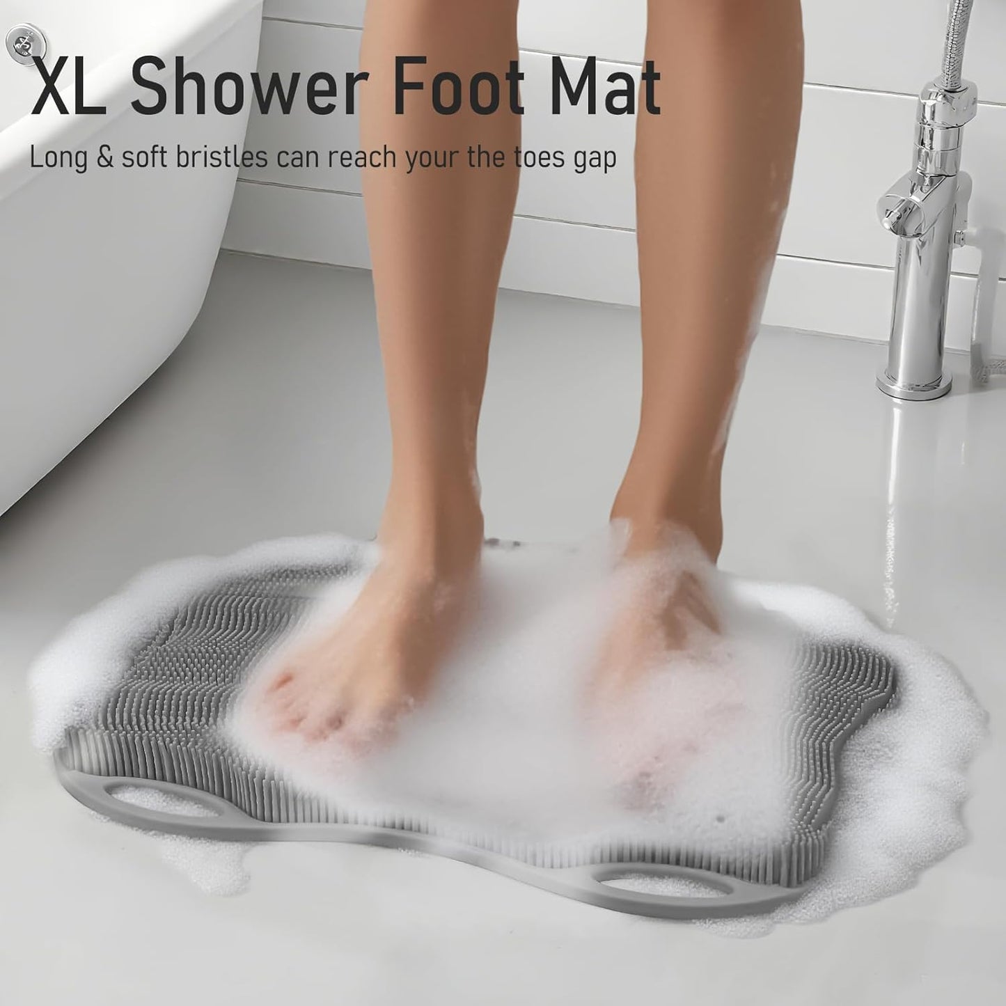 XL Shower Foot Scrubber Mat, Silicone Feet Massage Cleaner Dead Skin Toes Clean Pad without Bending Non-slip Suction Cups -Improve Circulation for Feet Beauty Exfoliate Smooth Achy 17.2 * 13" Grey