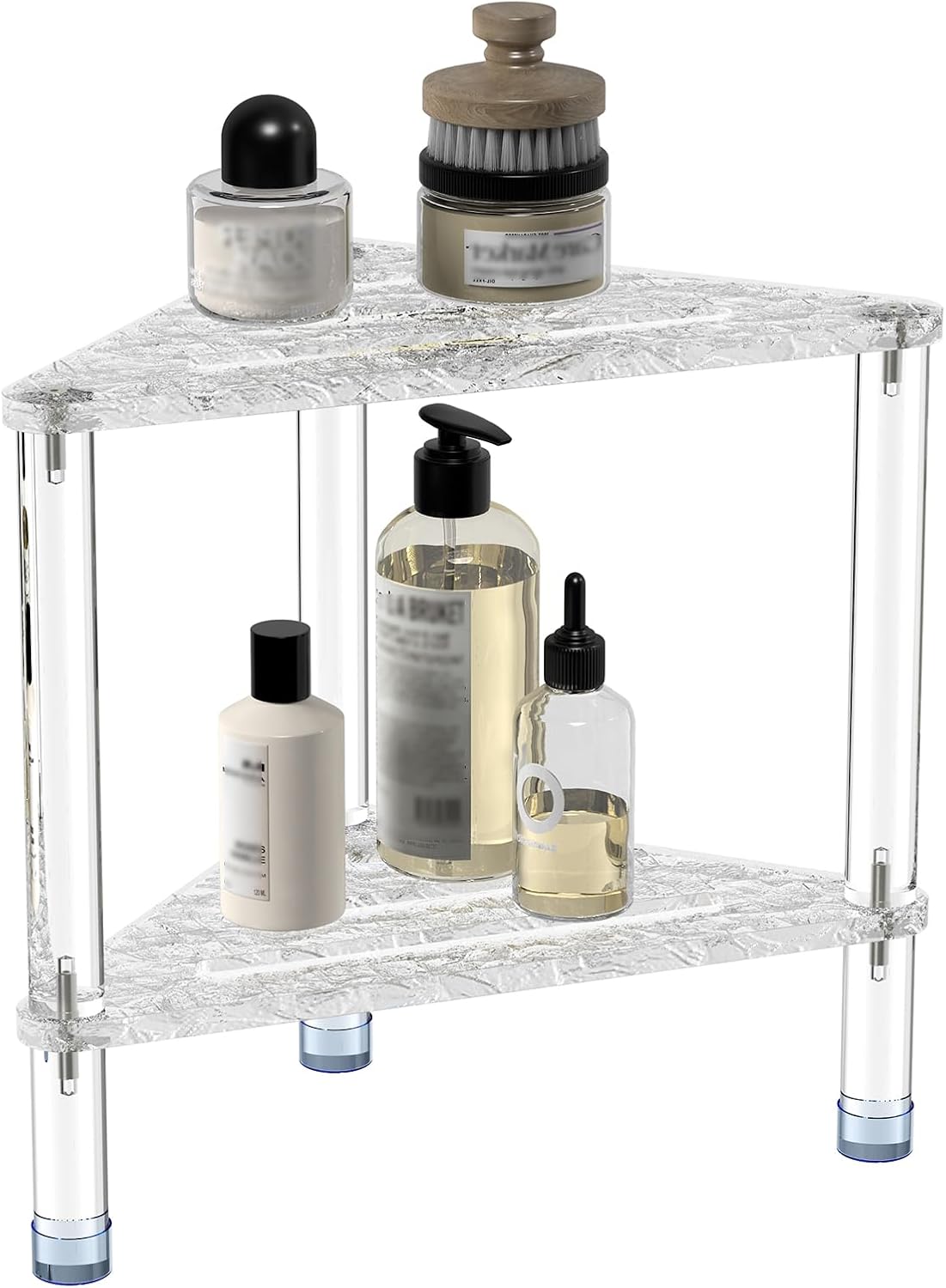 Acrylic Corner Shower Stool for Shaving Legs 11.42" D X 11.42" W X 14.37" H, Triangle Shower Foot Rest with Storage Shelf, Heavy Duty, for Inside Shower (Water Ripple Texture)