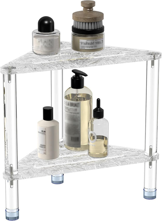 Acrylic Corner Shower Stool for Shaving Legs 11.42" D X 11.42" W X 14.37" H, Triangle Shower Foot Rest with Storage Shelf, Heavy Duty, for Inside Shower (Water Ripple Texture)