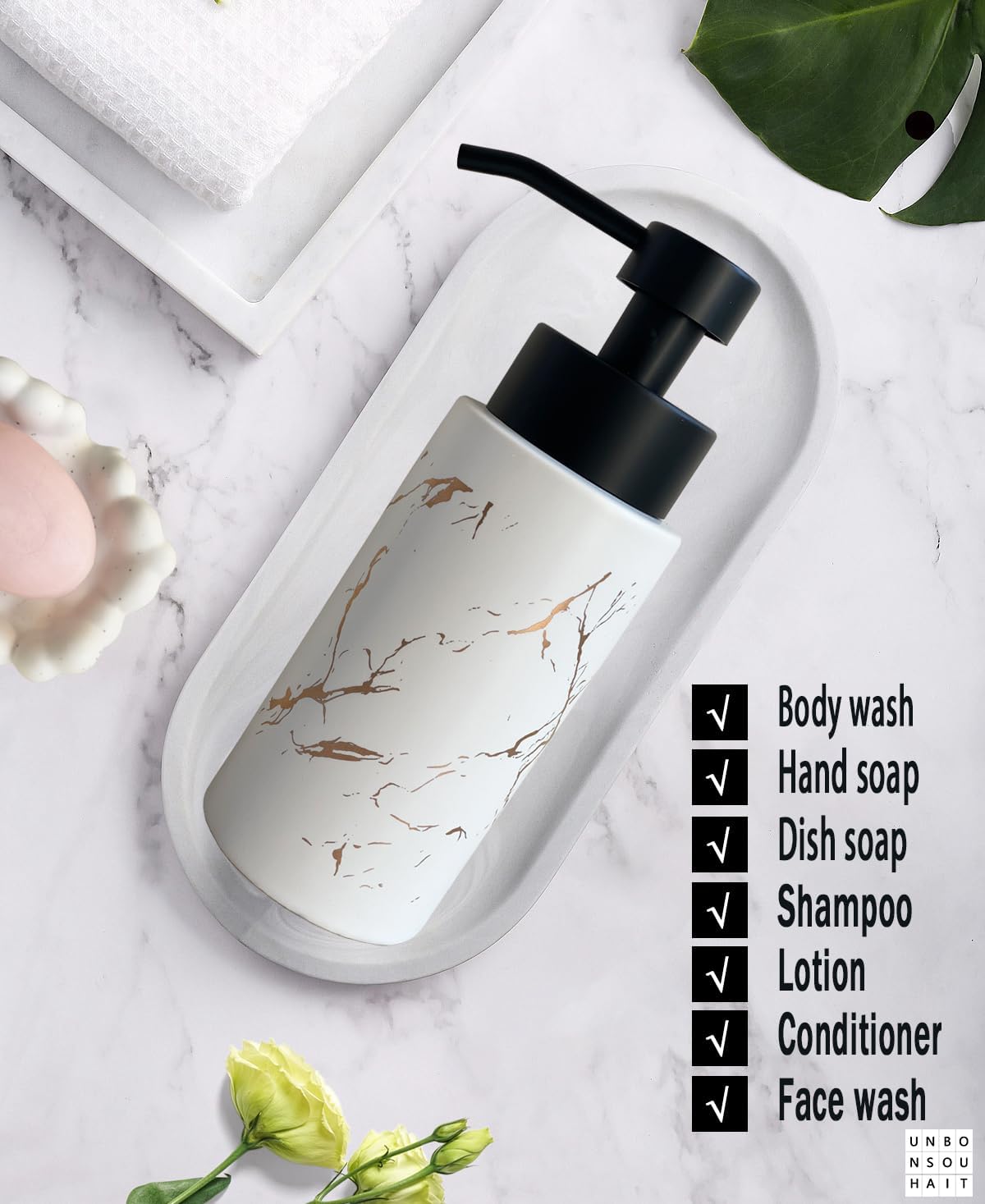 9.5 Oz Foaming Soap Dispenser for Bathroom,Kitchen Foam Soap Dispenser,Refillable Modern Foam Pump Bottle,Black Ceramic Foaming Hand Pump Dispenser (White Marble)