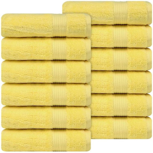 Ample Decor Hand Towel 18 X 28 Inch Pack of 12 600 GSM 100% Cotton, Oeko Tex Certified Soft Absorbent Thick Durable Premium Quality, for Hotel, Bathroom, Spa, Gym - Machine Washable - Yellow