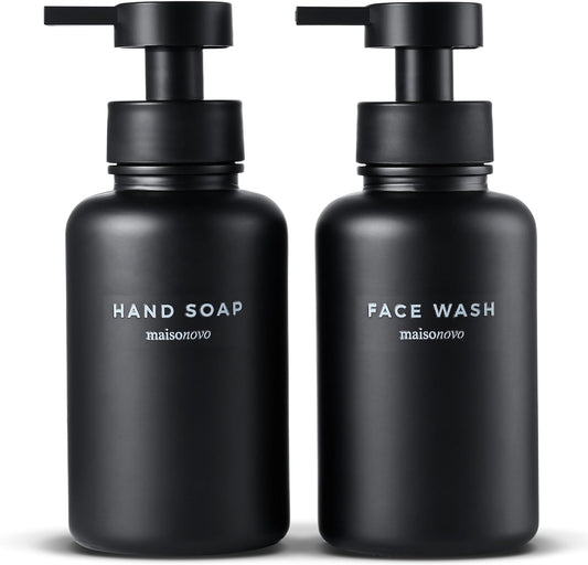 MaisoNovo Glass Foaming Soap Dispenser 14 Oz | Black Glass Black Pumps x 2