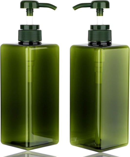 Pump Bottle Dispenser 22oz/650ml Jansburg 2Pack Refillable Square Plastic Lotion Dispenser Empty Lotion Pump Bottle for Essential Oil Lotion, Shampoo, Bathroom Travel Green