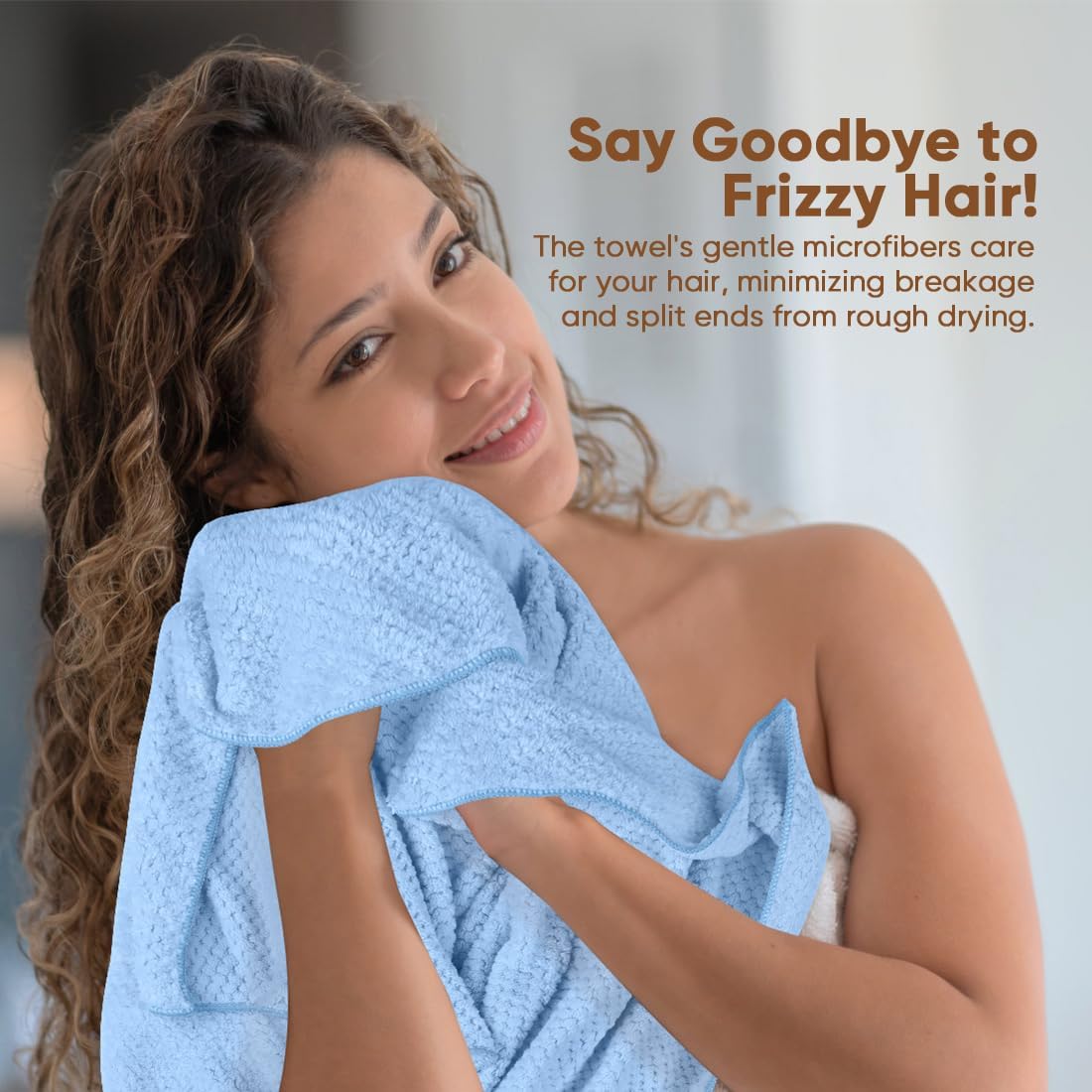 HOMEXCEL 5 Pack Microfiber Hair Towels - 40 x 20 inches Super Soft, Fast Drying Turbans for Long, Thick, Curly Hair - Anti Frizz Wrap with Elastic Strap, Blue/Pink/Grey