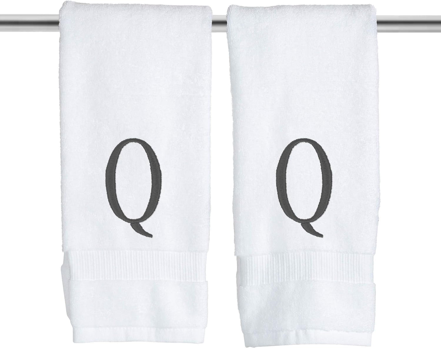 White Powder Room Hand Towel - Monogram Initial Hotel Quality Decorative Embroidered Luxury Towel for Spa - GOTS Organic Certified - Set of 2 Dark Gray Letter Q