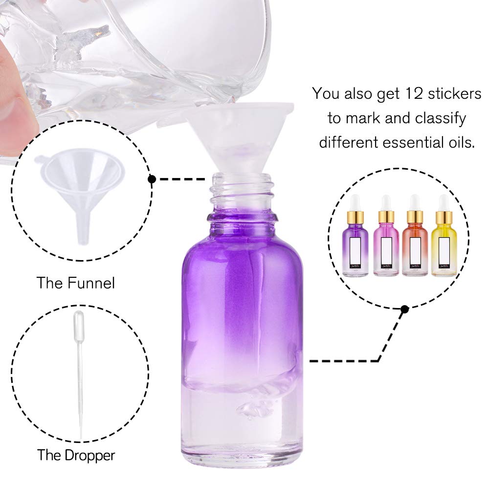 PrettyCare Glass Eye Dropper Bottles 24 Pack, 1oz (30ml) Rainbow Empty Thick Bottles Bulk with Leakproof Goledn Caps - With Labels & Funnels for Storage, Travel, Essential Oils, Cuticle, Tinctures