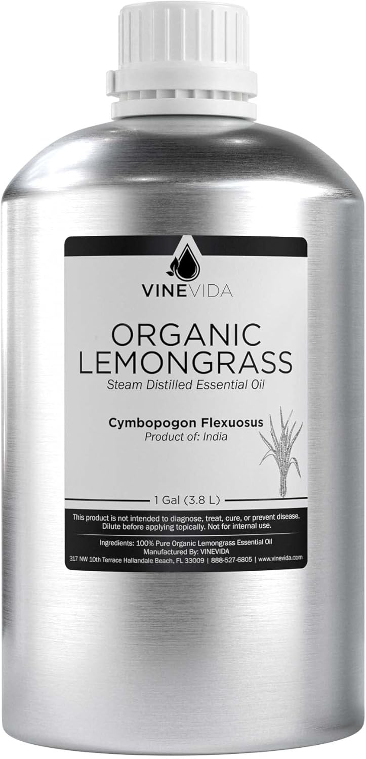 VINEVIDA Organic Lemongrass Essential Oil - Gallon Organic Lemongrass Oil Undiluted - Bulk Gallon Essential Oil for Soap Making Safe for Skin - DIY Candle Scents for Candlemaking Scents - 8 lbs