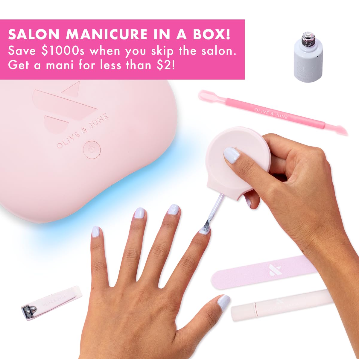 Olive & June Gel Mani System Set | Includes Nail Tools, Peel-Off & Gel Base Coats, Top Coat, LED Lamp, Cuticle Serum & The Poppy | Easy At-Home Mani Kit | 15-Free, Vegan, Cruelty-Free