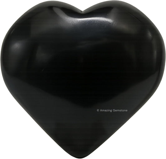 Amazing Gemstone Black Agate Crystal Heart Palm Stone - Pocket Massage Worry Stone for Natural Body Chakra Balancing, Reiki Healing and Crystal Grid