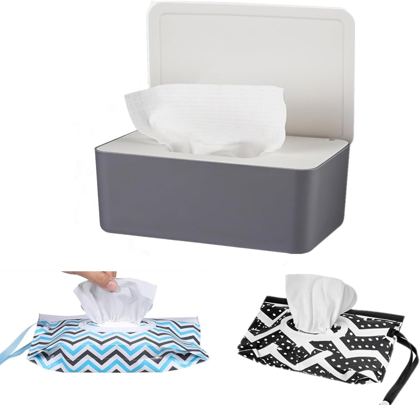 Wipes Dispenser with 2Pcs Portable Refillable Wipe Holder,Reusable Large Wipe Holder Box Flushable Wipes Case Bathroom Wipes Container for Pet Nursery Kitchen Office Counter(Grey-White)