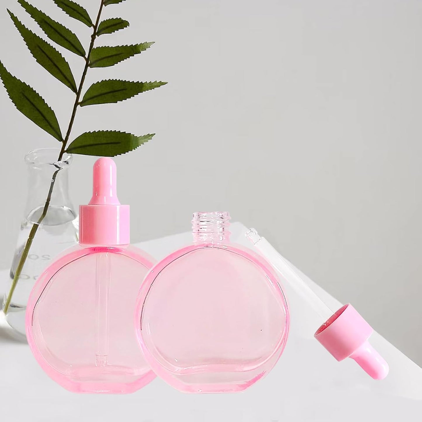 6Pcs 2 oz Glass Dropper Bottles for Essential Oils,60ml Pink flat round perfume bottle with Eye Droppers,for Oils,Perfumes,Serums,Leakproof for Travel (Pink)