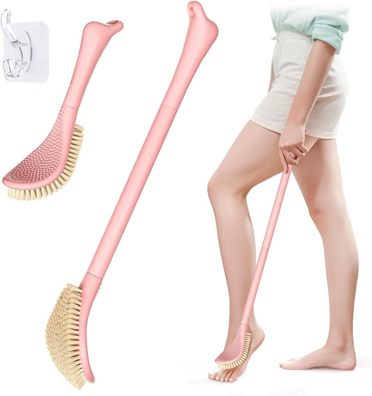 New Foot Brush with Extra-Long Handle, 3-in-1 Foot Scrubber for Wet or Dry Brushing, Adjustable 10.2’’- 27.5’’Foot Scrub Brush for Senior, Pregnant, Disabled, or Injured, Gift-Box Packed(Pink)