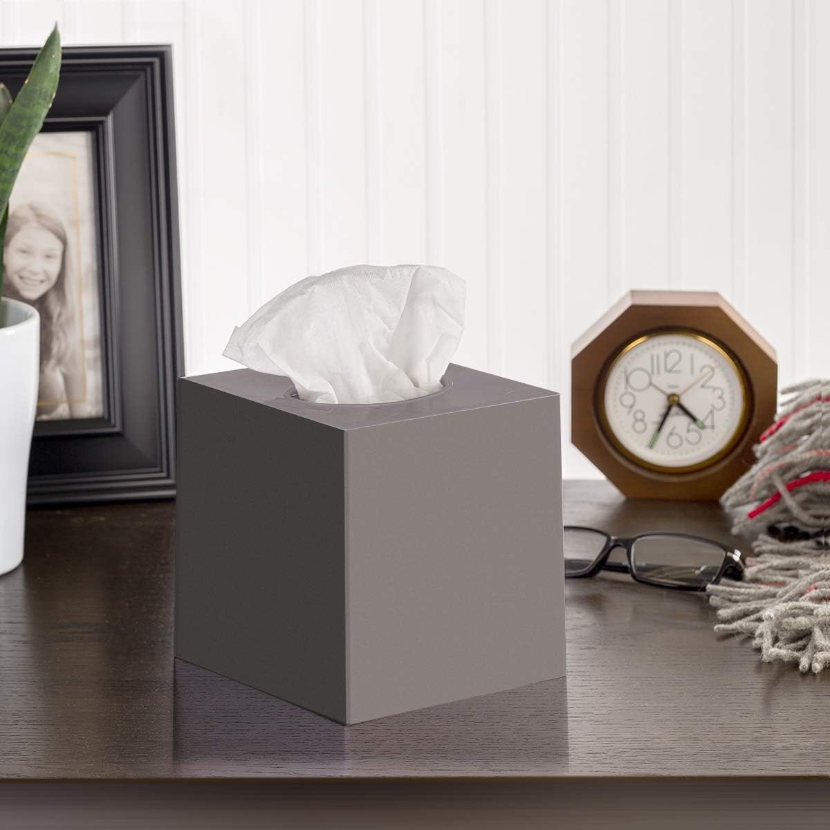 Tissue Box Cover Square - Facial Cube Tissue Box Holder Case Dispenser for Bathroom Vanity Countertop, Bedroom Dresser, Office Desk or Night Stand Table, 2 Pack - Grey