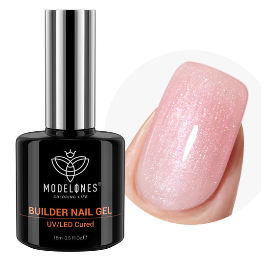 modelones Builder Nail Gel, 8-in-One Pink Shimmer Builder, Sparkle Glitter Pink Rubber Base Gel Polish LED Lamp Cured Hardener Color Base Strengthener Extension for Home DIY Salon Girls