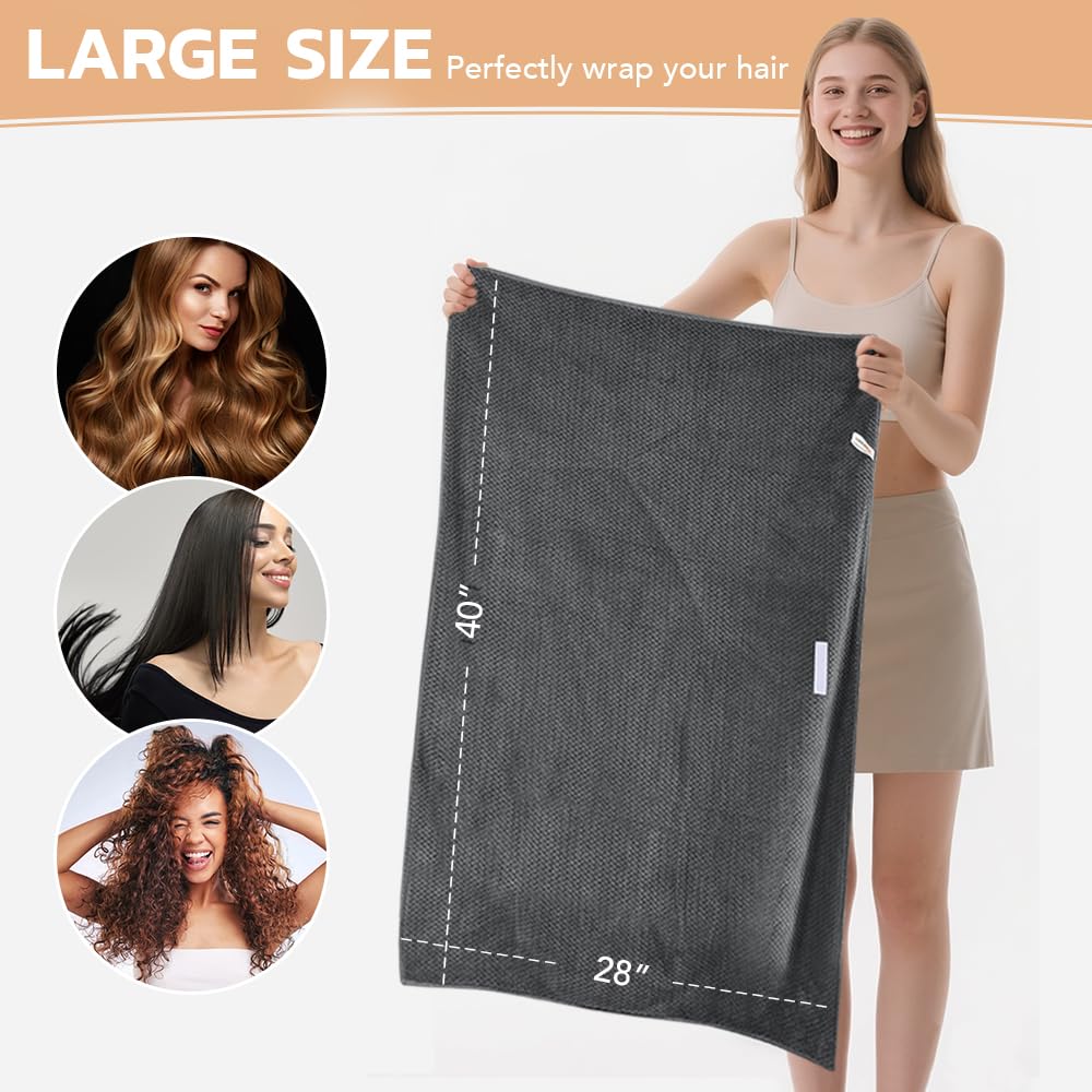 SUNLAND Microfiber Hair Towels Anti Frizz Hair Drying Towel Super Absorbent Fast Drying Turbans for Wet Curly Hair Soft Hair Towel Wrap with Elastic Band for All Hair Types 40 X 28 inches 2Pack Grey