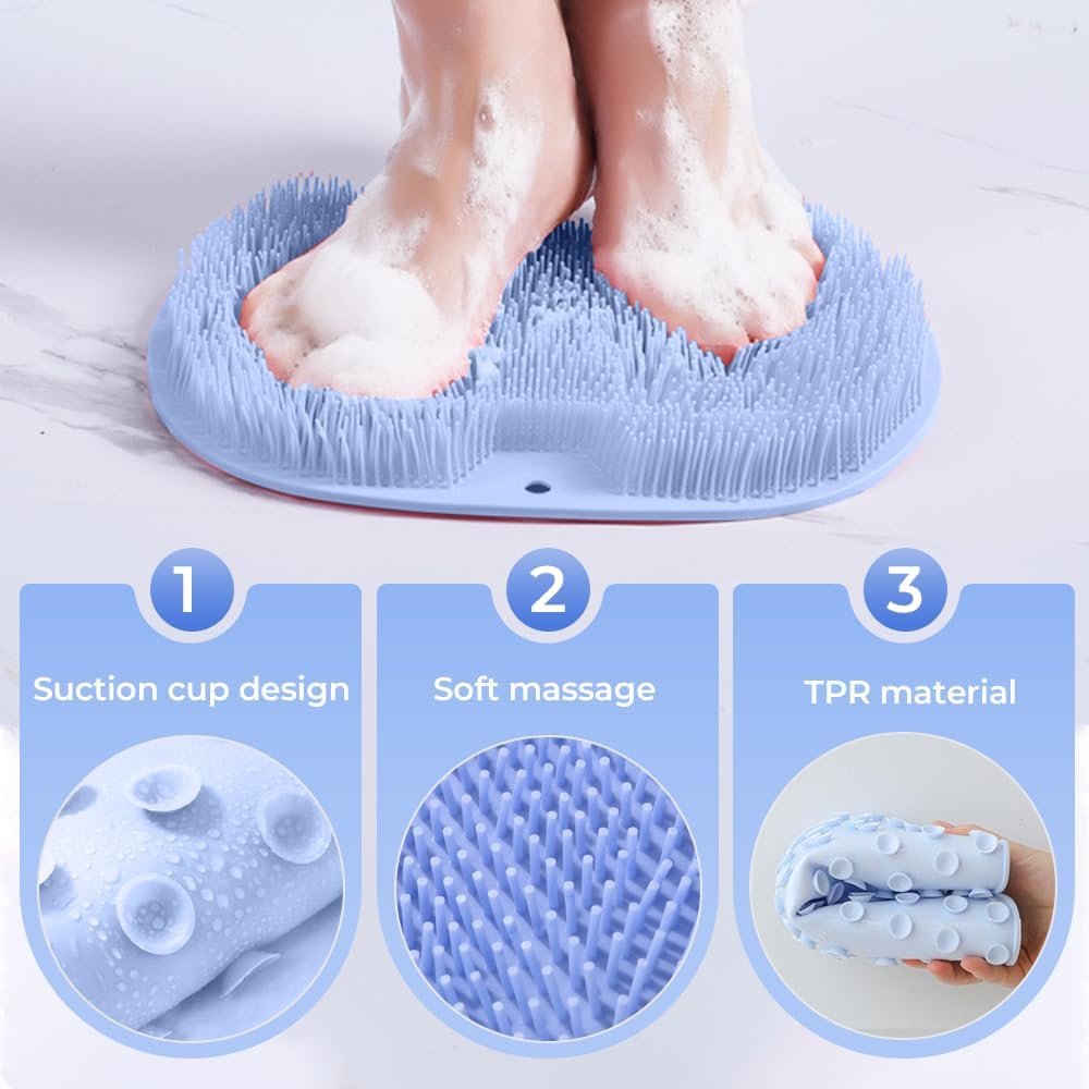 Shower Foot Scrubber Mat with Non-Slip Suction Cups, Non Slip Bathtub and Shower Mat with Suction Cups and Drain Holes, Foot Back Cleaning Pad Back Washer Exfoliating Bath Wash Pad (Khaki)