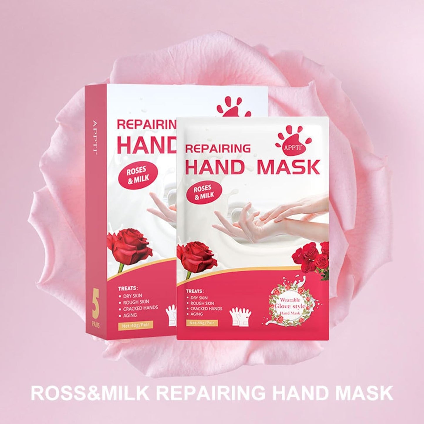 VolksRose Moisturizing Hand Mask Gloves for Dry Cracked Hands, Overnight Repair Treatment - Intensive Hydration Hand Masks with Rose & Milk, 5 Pairs - Spa Care for Extremely Dry, Rough Skin