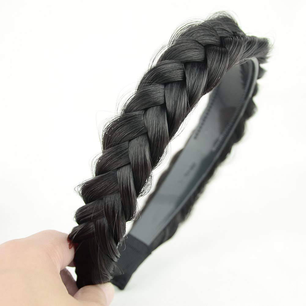 DIGUAN Headband Synthetic Hair Plaited Headband Braid With Teeth Hair Band Accessories for Women Girl Width 1.5 Inch (W-Natural Black)